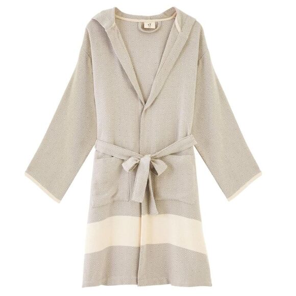 Vi'cotton Hooded Turkish Towel Robe with Pockets, Grey Geometric Pattern, Small - Picture 1 of 7